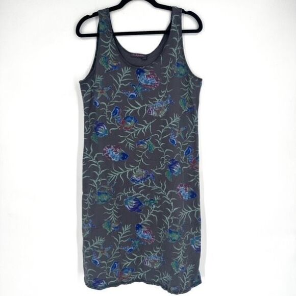 Fresh Produce Fish Print‎ Midi DRESS Small Gray Blue Coastal Tropical Resort - Picture 2 of 14